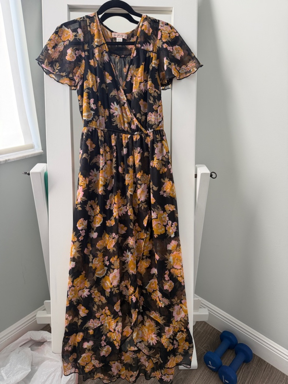 Band of Gypsies Black Floral Wrap Maxi Dress with Yellow and Pink Blooms